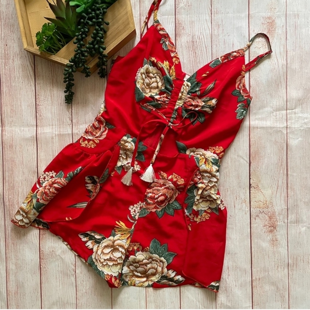 Lulu’s Red Floral Tassel Cutout Romper